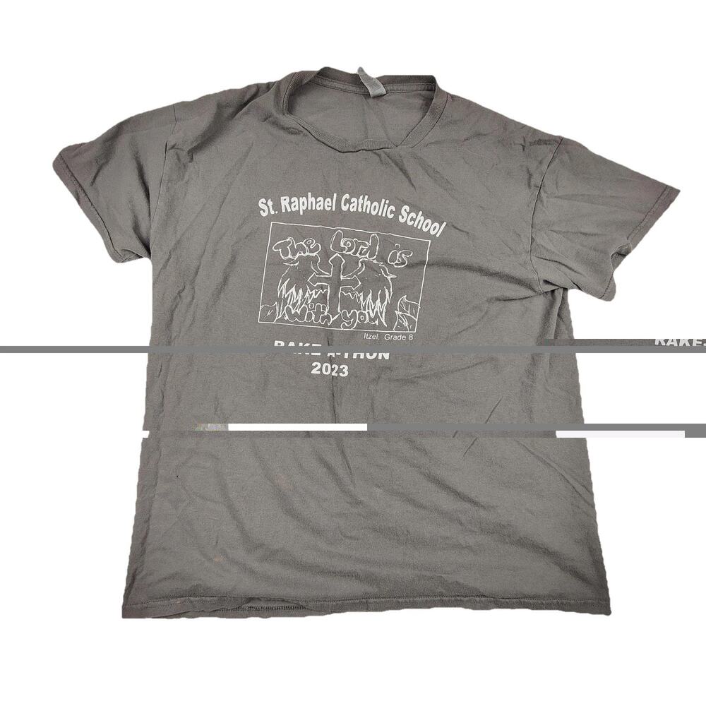 Gildan St Raphael Catholic Shirt Mens Large Gray Rake-A-Thon 2023 Graphic Tee
